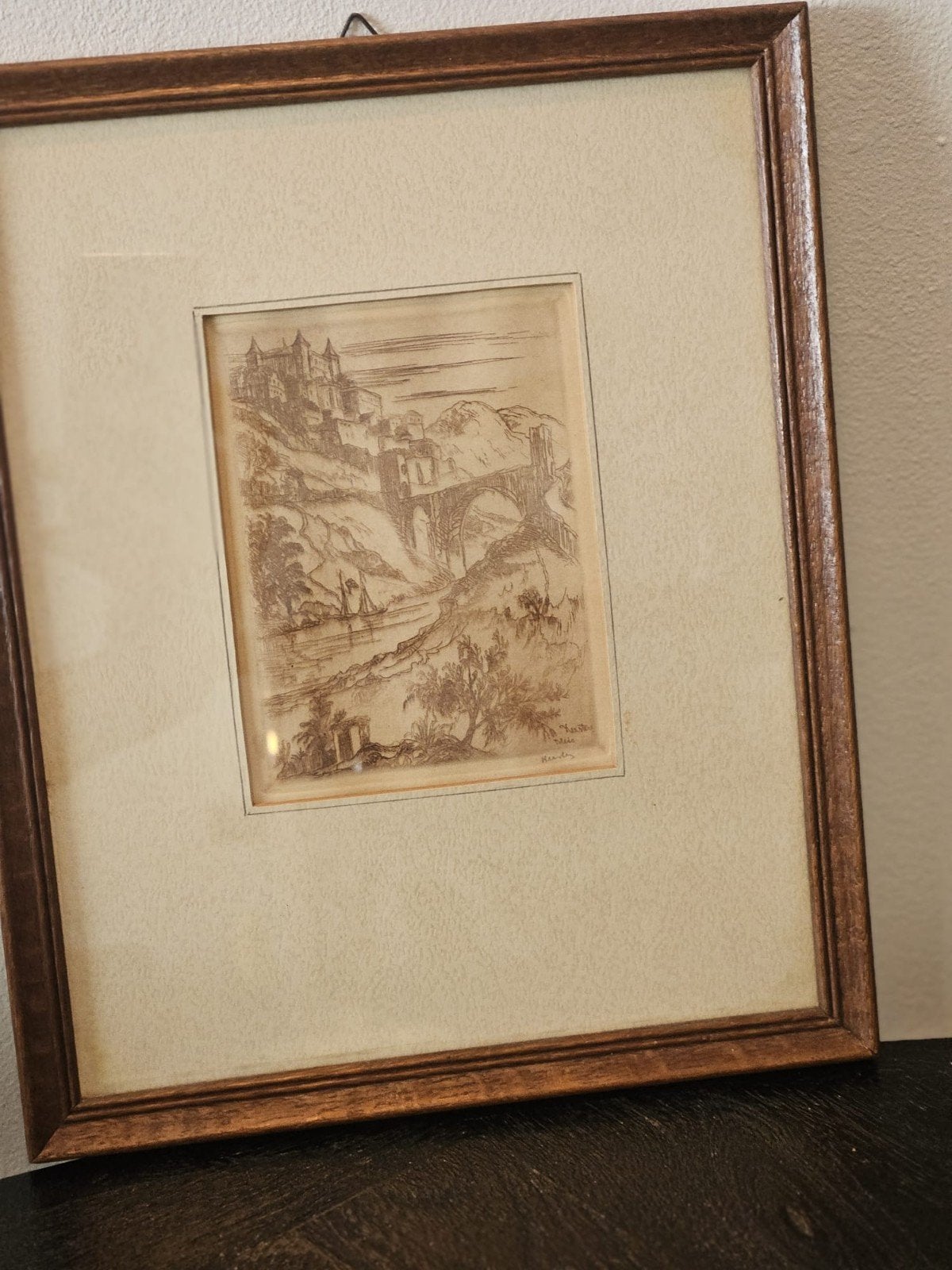 Antieke Ets: Berglandschap met Kasteel en Brug, gesigneerd, Antiek en Kunst, Ophalen, 1800 - 1899, Ets, Gesigneerd