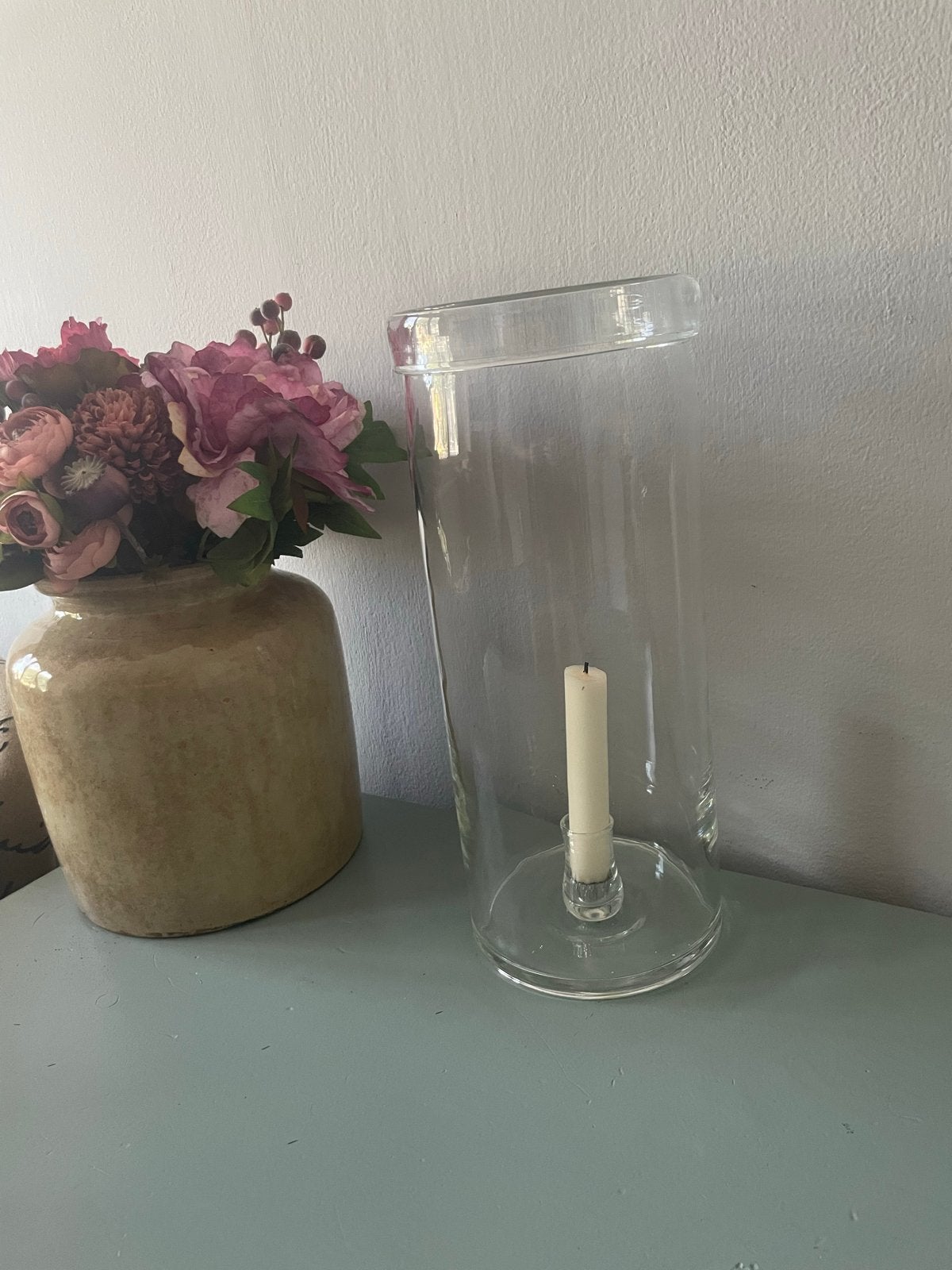 Dutz glazen windlicht/kandelaar met kaars, Windlicht, Overige merken, Ophalen of Verzenden, Glas