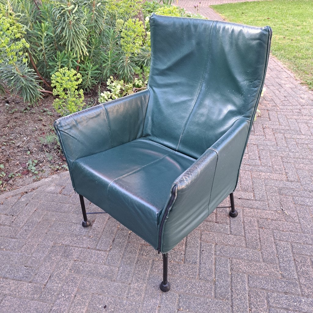 Montis design fauteuil, groen leer, type Charly, Ophalen, Gebruikt, Minder dan 75 cm, Leer