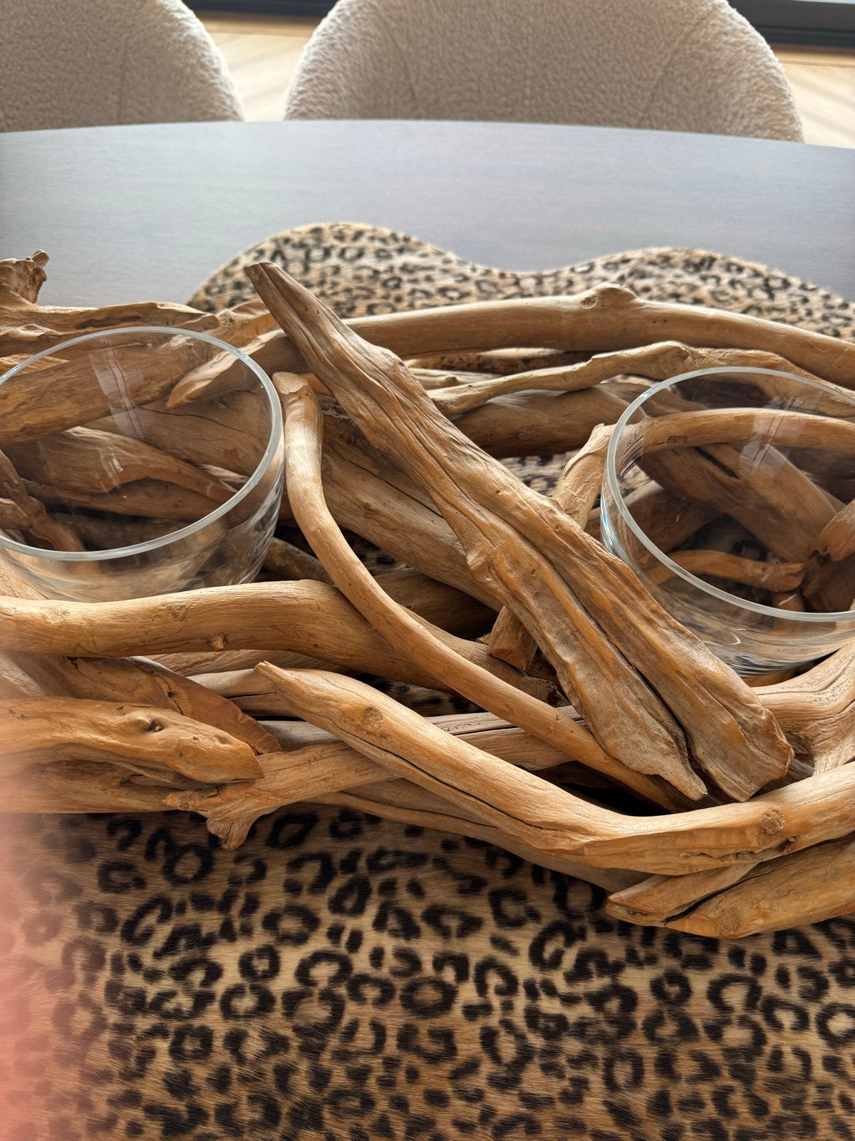 Decoratieve drijfhout schaal met glazen houders, Ophalen, Hout, Bruin, Landelijk