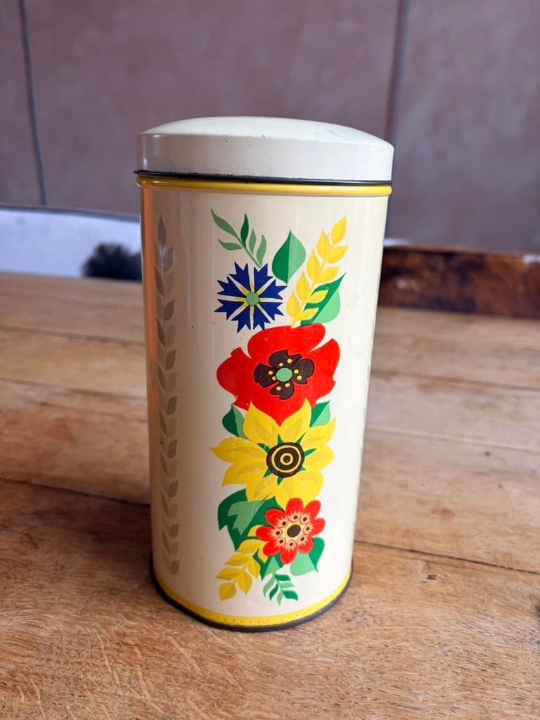 Retro verkade beschuitbus voorraadbus, Verzamelen, Blikken, Ophalen of Verzenden, Gebruikt, Koek(jes), Verkade