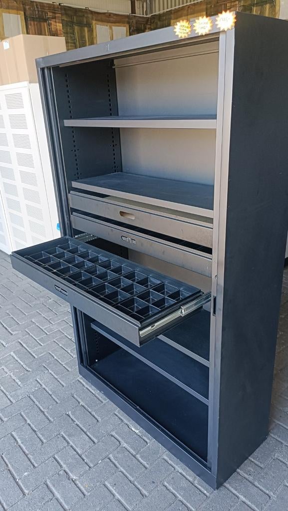 Zwarte Metalen gereedschapladen roldeurkast, Rogat, 100 tot 150 cm, Khr, Zwarte Schaffenburg metalen roldeurkast, met gereedschapladen