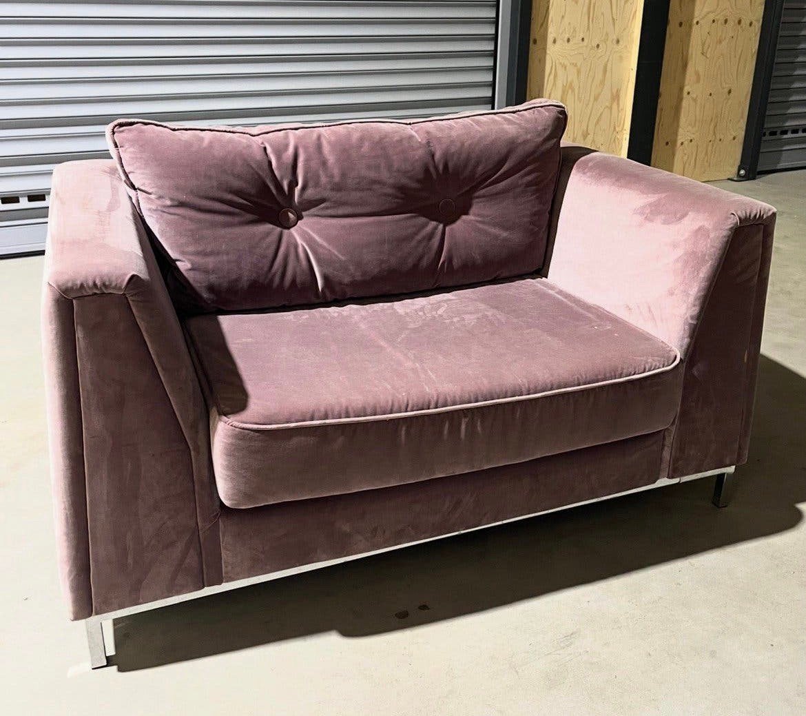 Roze velours loveseat / anderhalf bank, Gebruikt, Overige maten, 75 tot 100 cm, Ophalen of Verzenden
