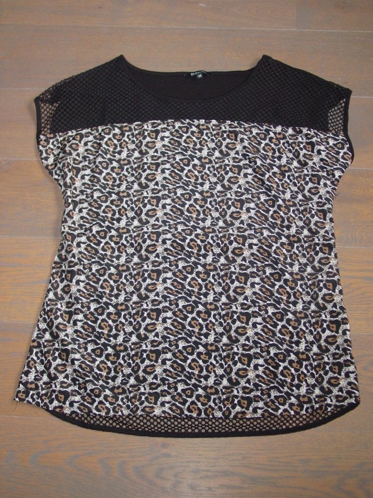 Shirt met panterprint en zwarte netstof, MS mode, maat M, Maat 38/40 (M), Zwart, Ophalen of Verzenden, Zo goed als nieuw