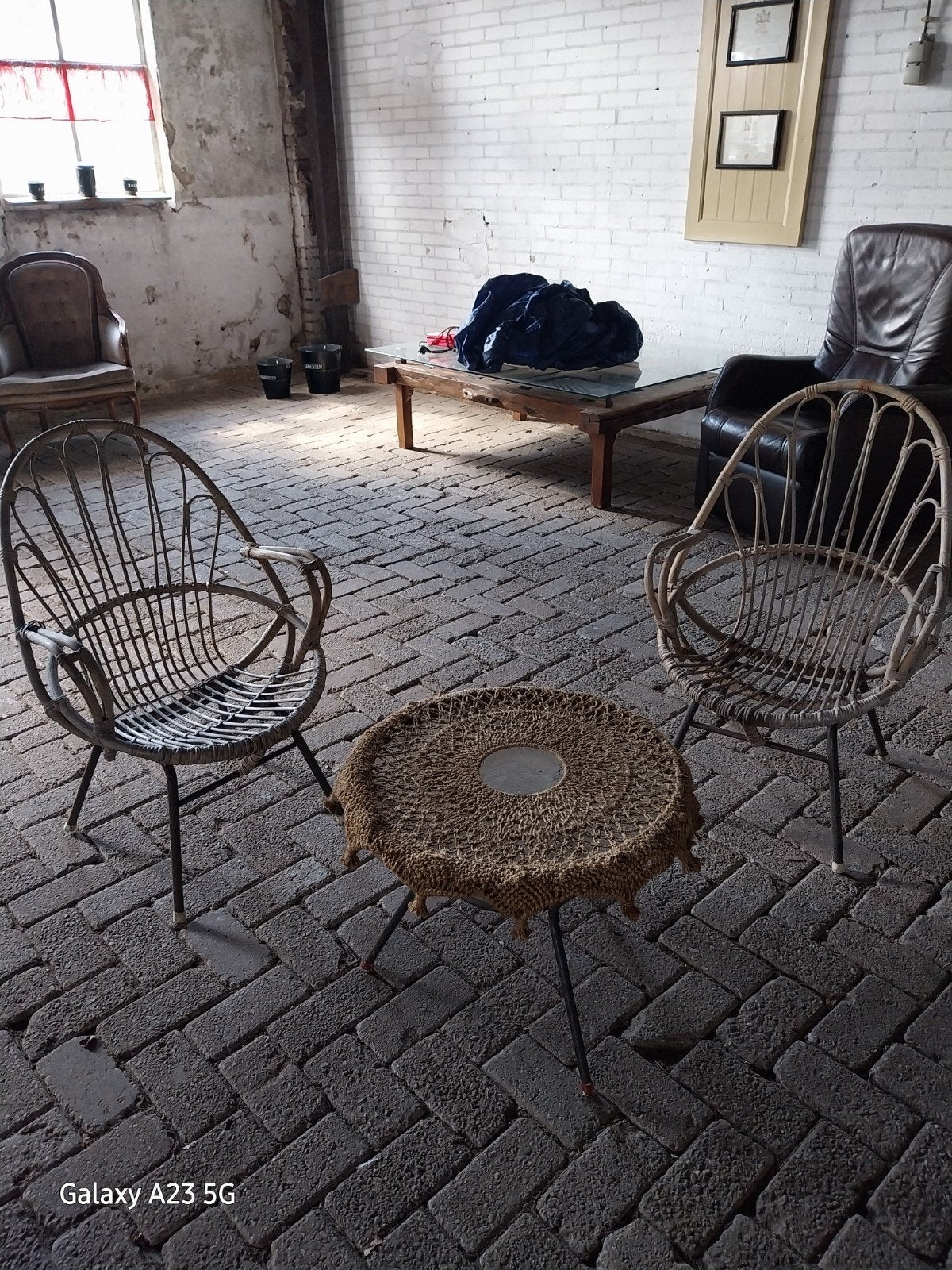 Vintage rotan tuinsetje - 2 stoelen en bijzettafel, 2 zitplaatsen, Gebruikt, Bijzettafel, Rotan