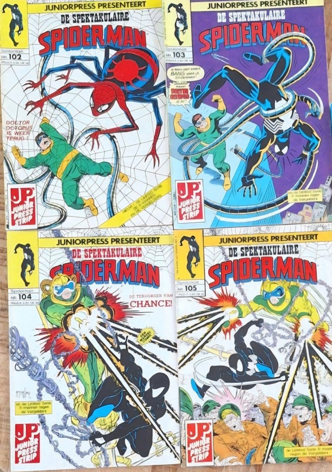 De Spektakulaire Spiderman Juniorpress 102, 103, 104, 105, Boeken, Gelezen, Amerika, Marvel Comics, Ophalen of Verzenden