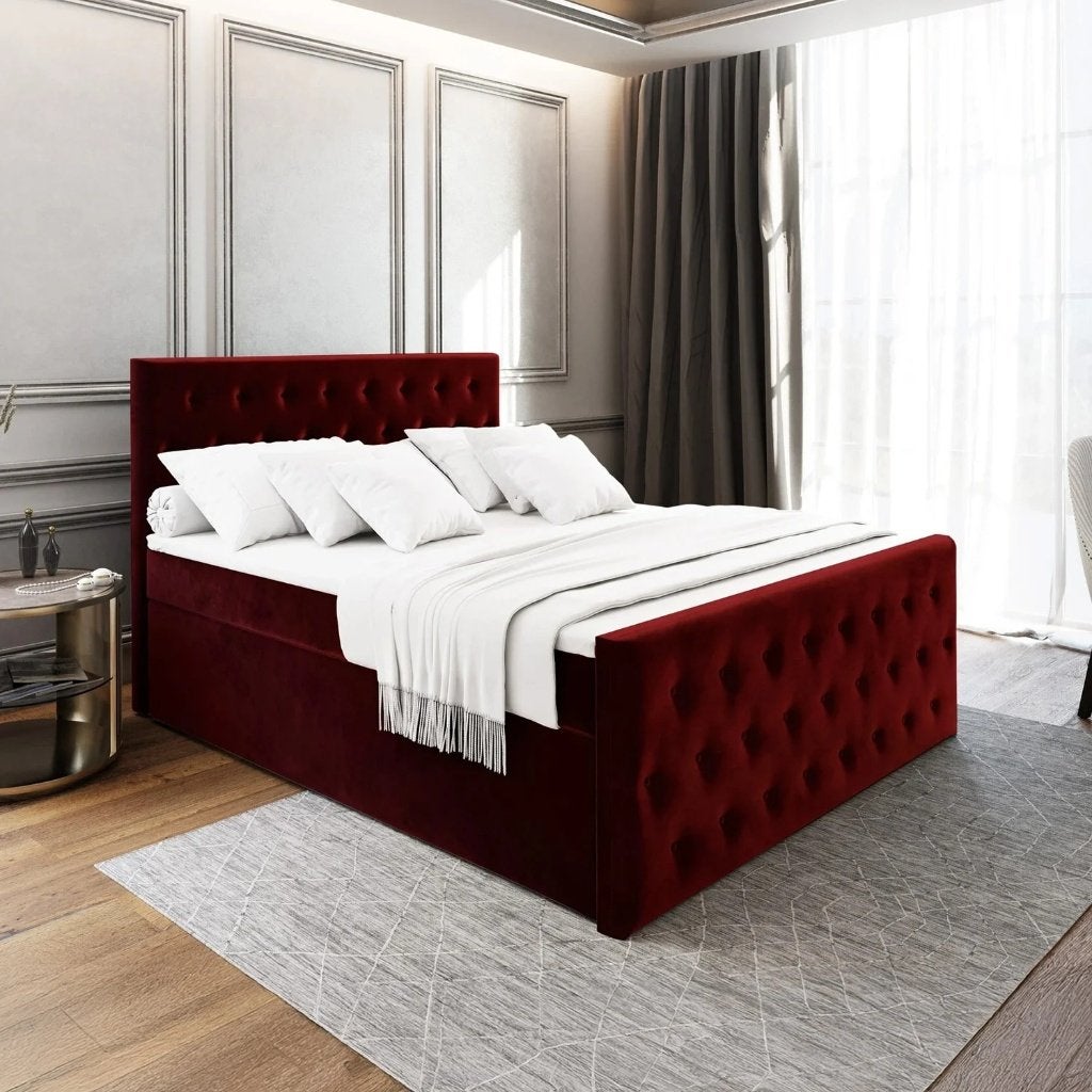 ACTIE Opbergboxspring 180 - Fluweel Bordeaux | met Voetbord, Verzenden, 180 cm, 200 cm, Rood