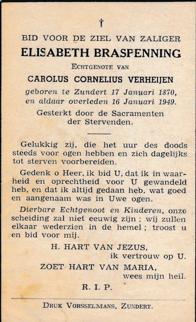 Braspenning Elisabeth 1870 Zundert 1949, Ophalen of Verzenden, Bidprentje