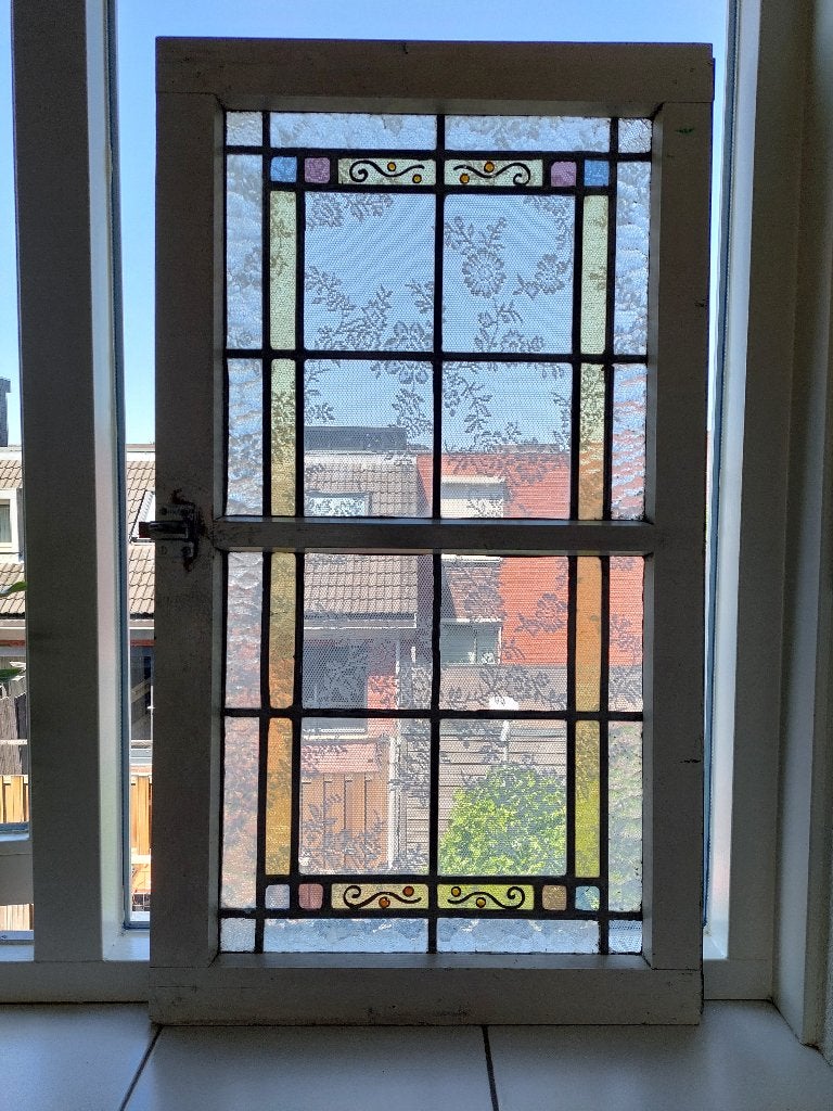 Antiek glas in lood raam, Doe-het-zelf en Verbouw, Glas en Ramen, Ophalen, Gevelraam of Ruit, Gebruikt, Minder dan 80 cm