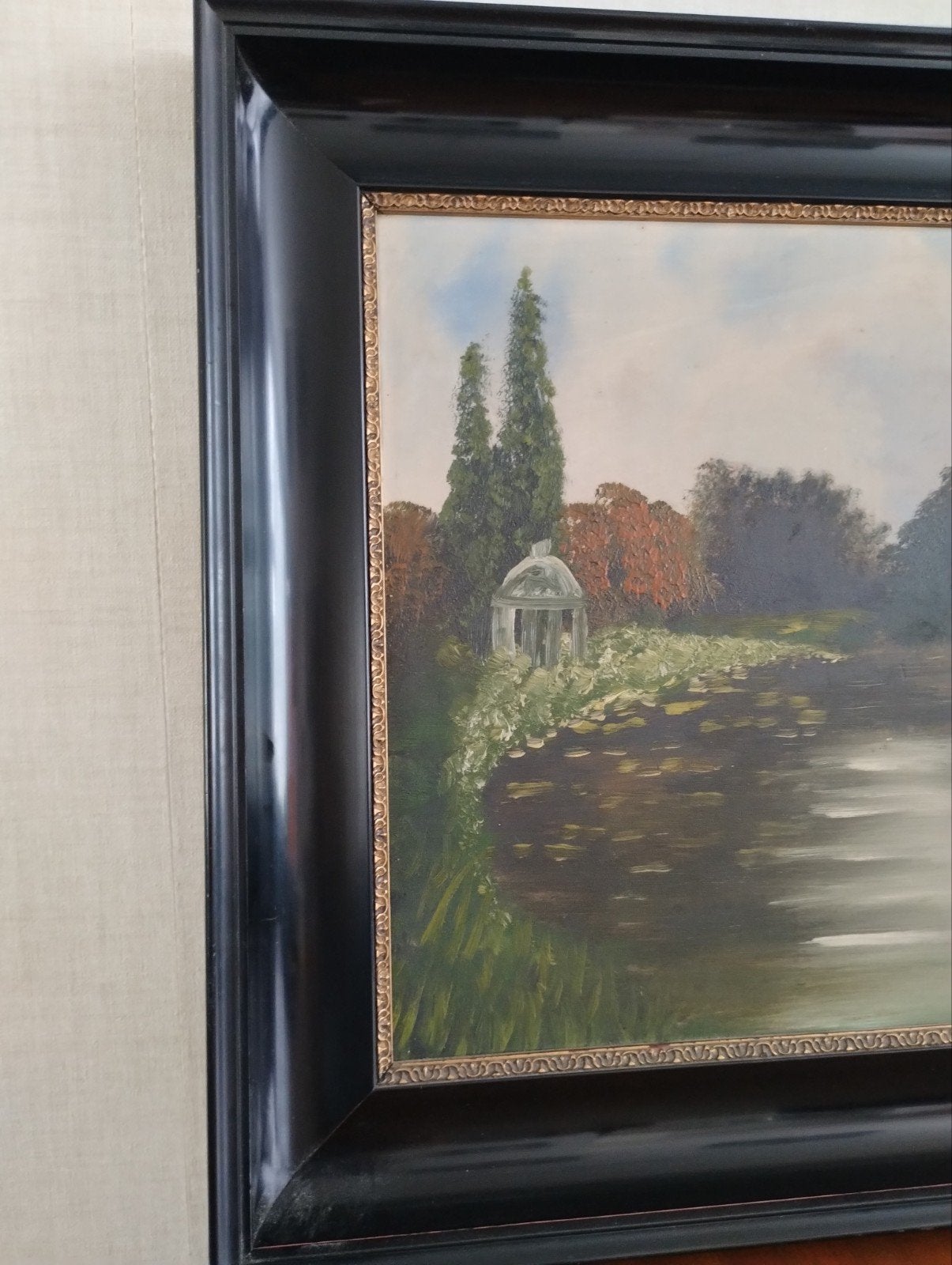 Olieverfschilderij Landschap met prieel /water, Tillie Moes, Paneel, Realistisch, Ophalen of Verzenden, Landschap