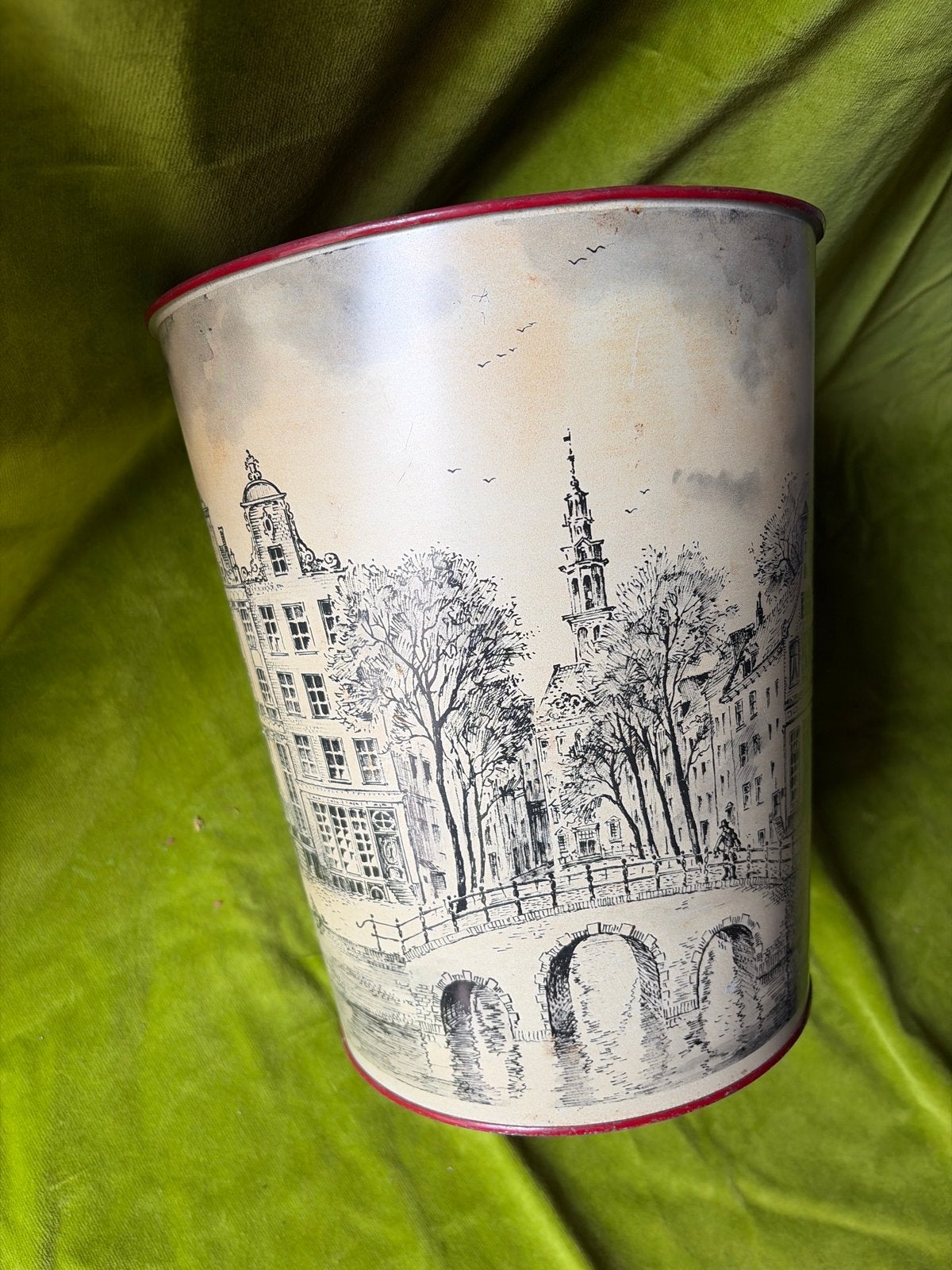 Vintage metalen prullenbak Tomado met Amsterdam print, Verzenden