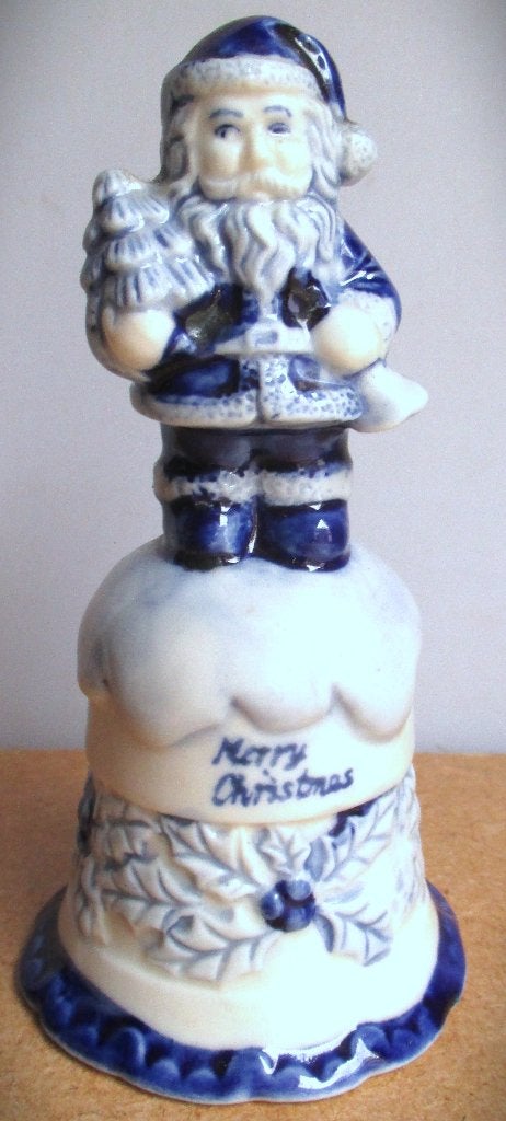Kerstman Belletje Porselein Blauw Wit Merry Christmas~Antiek, Antiek en Kunst, Ophalen of Verzenden