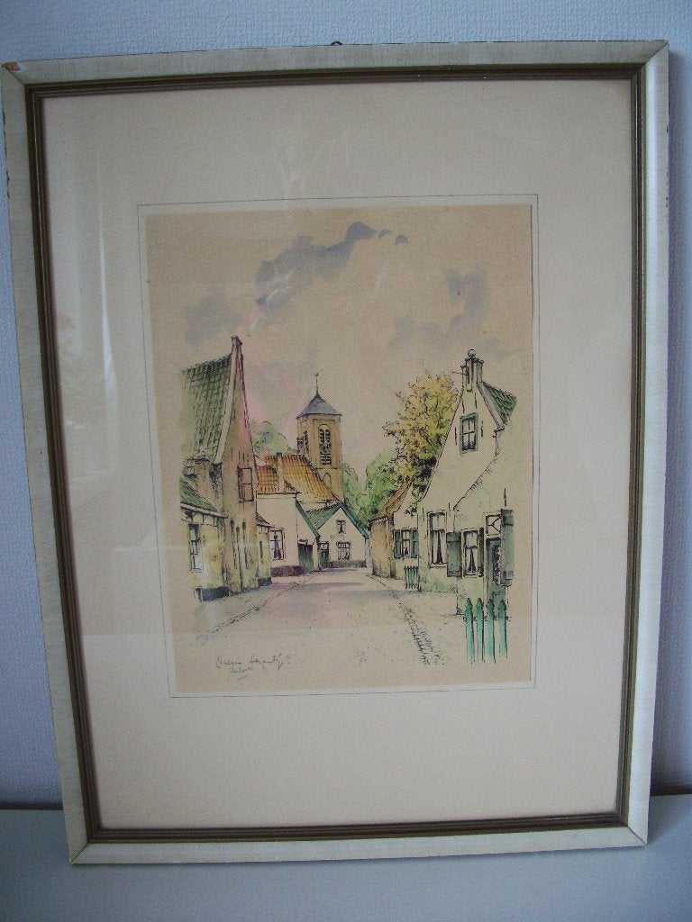 Litho Gerard van Berkel - Velsen Straatje - 32 x 42,5 cm, Achter glas, Overige technieken, Ophalen of Verzenden, Klassiek
