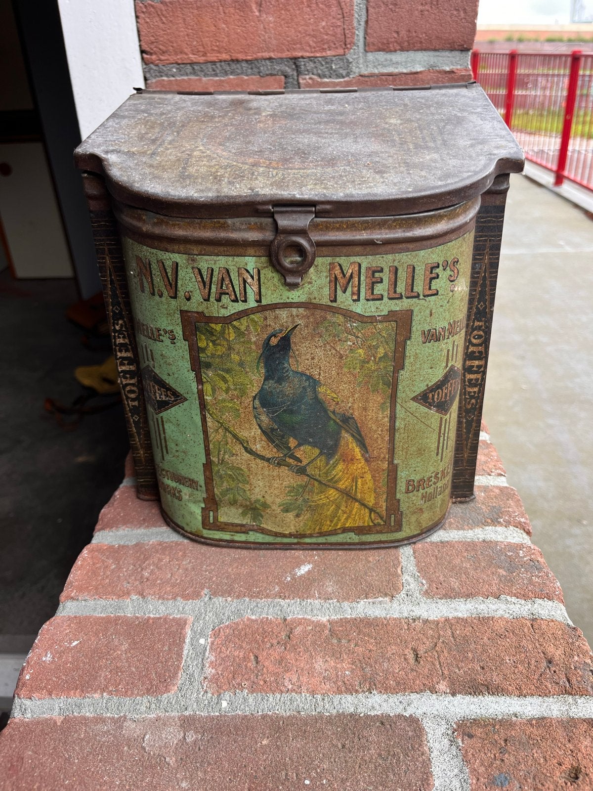 Antieke Van Melle Toffee blikken trommel met vogelprint, Ophalen, Gebruikt, Overige, Van Nelle
