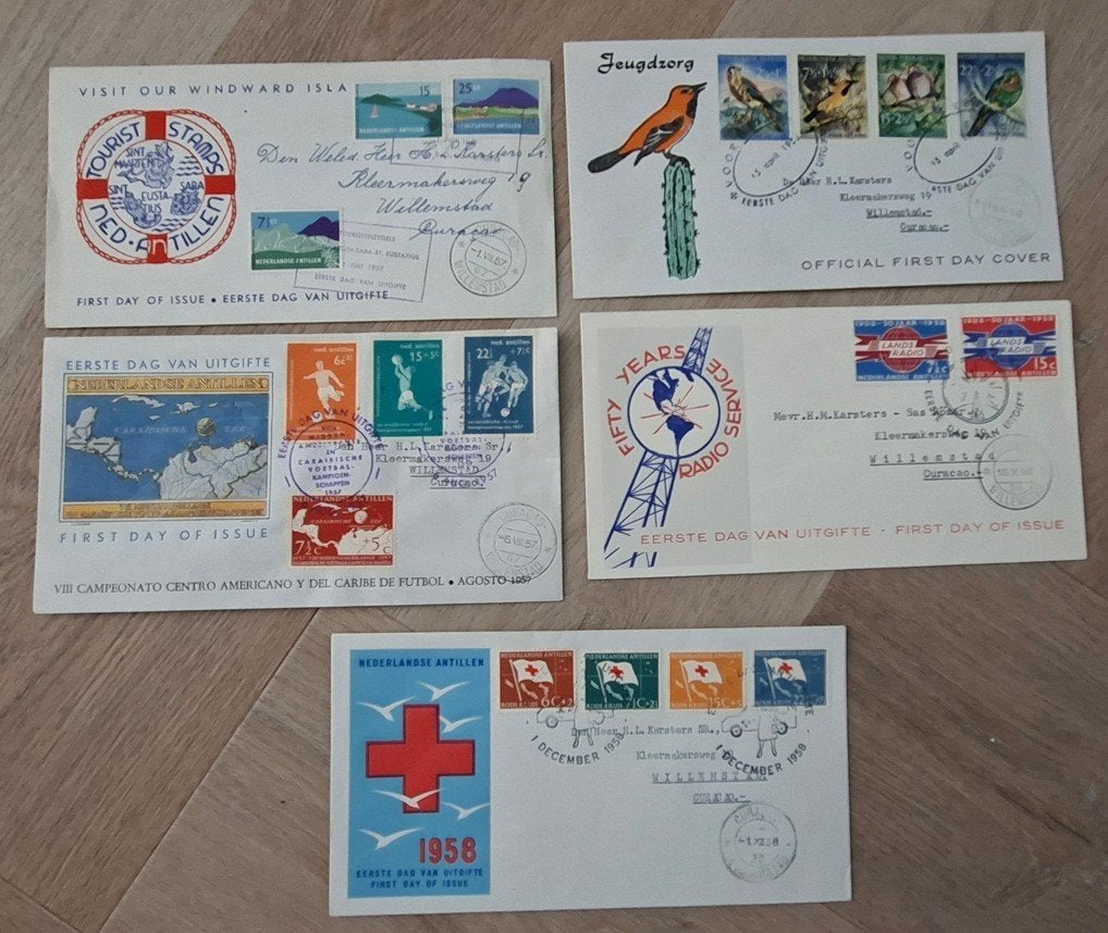 FDC Antillen E2,E3,E6 t/m E8 ctw 182, Postzegels en Munten, Ophalen of Verzenden, Gestempeld