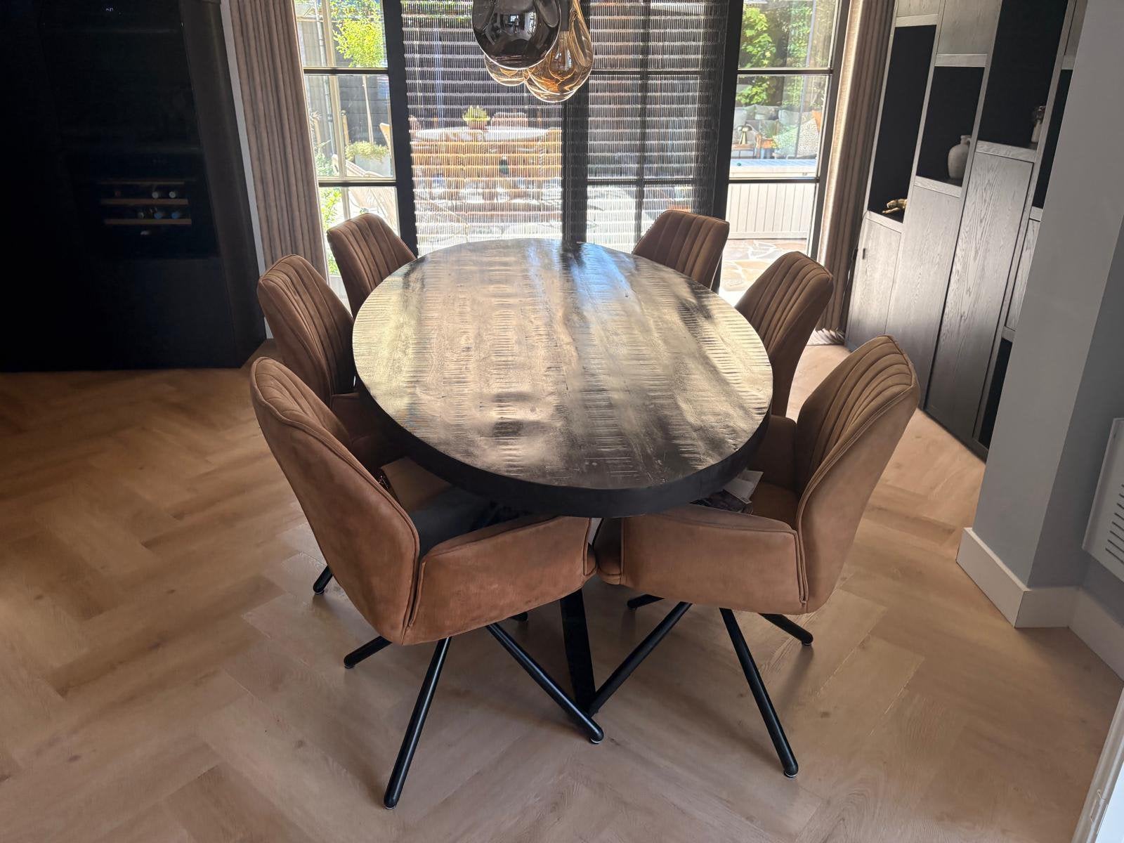 6 Cognackleurige eetkamerstoelen, Ophalen, Bruin, Zo goed als nieuw, Stof