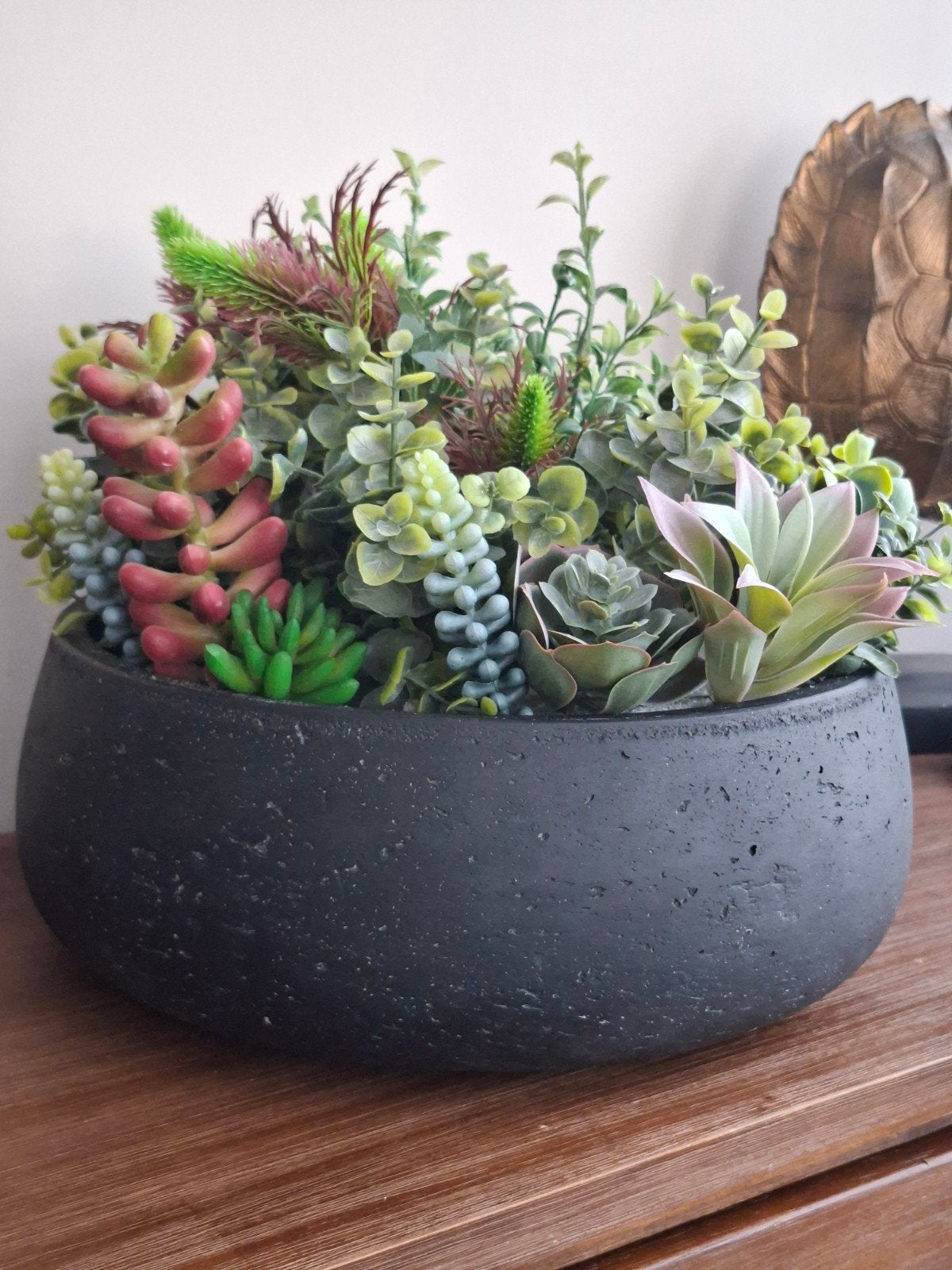 Kunstplanten in zwarte pot, diverse vetplanten en groen, Ophalen, Onderhoudsvrij, Kunstplant, Zo goed als nieuw