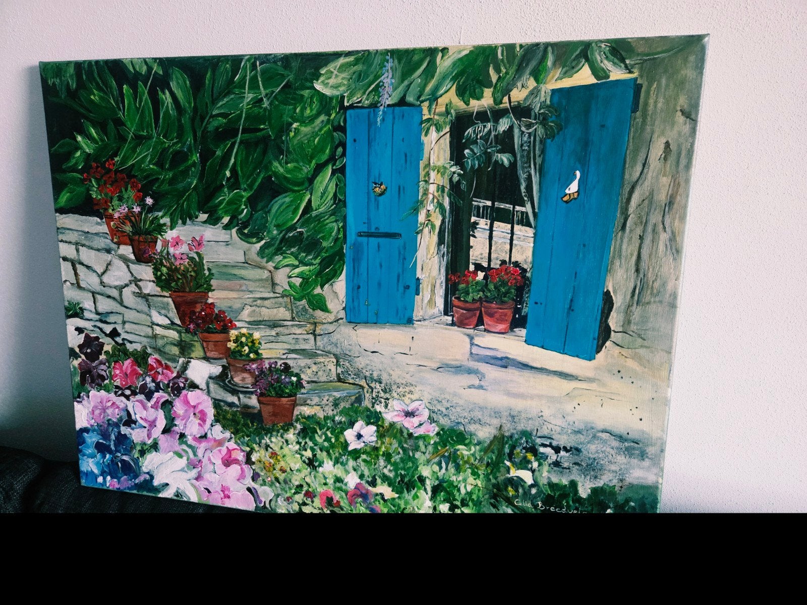 Schilderij: Mediterrane Tuin met Blauwe Luiken (2006), Antiek en Kunst, Kunst | Schilderijen | Klassiek, Ophalen