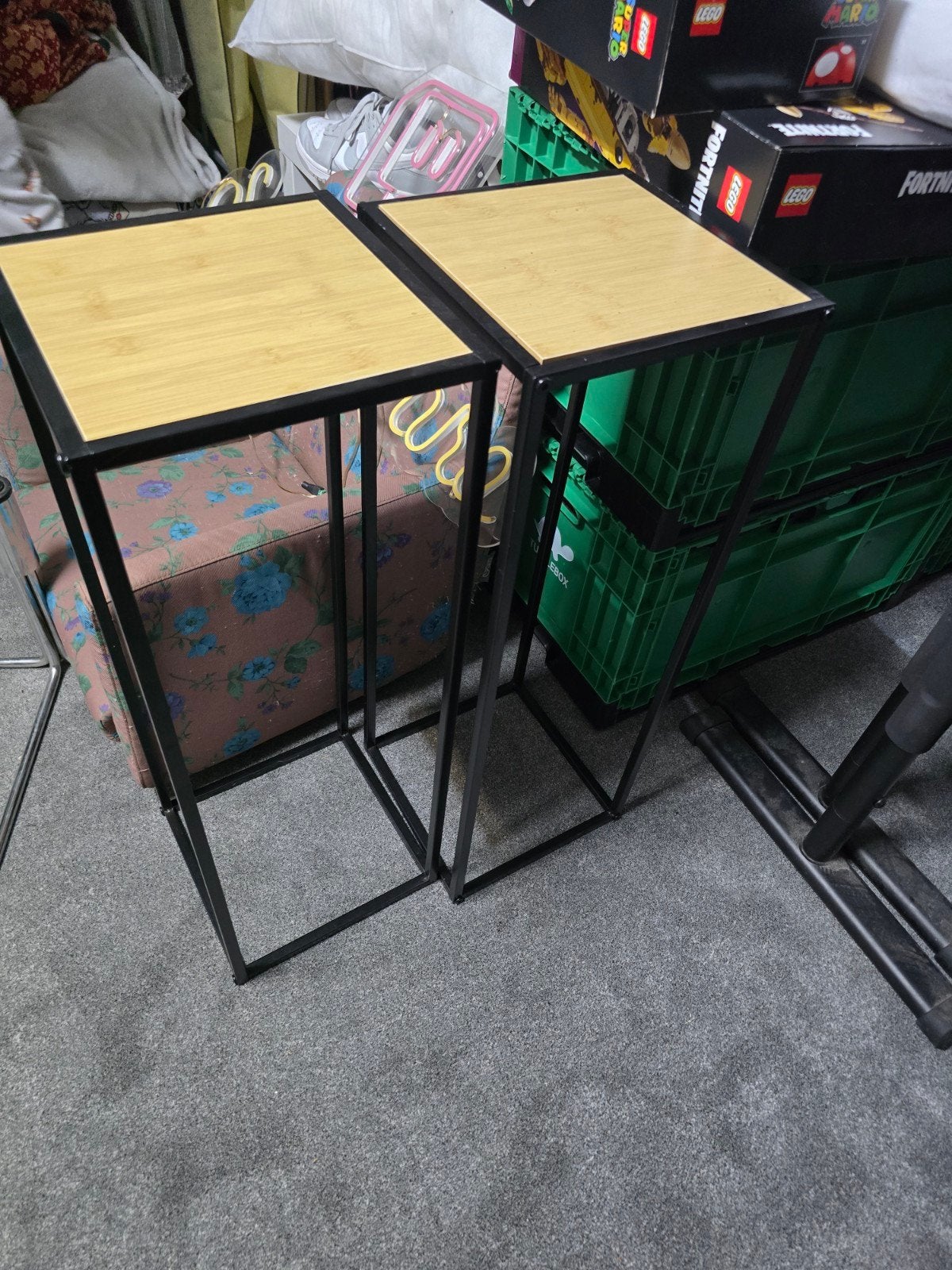 2x Bijzettafels (industrieel, hout/zwart metaal), Ophalen, Gebruikt, Vierkant, Industrieel