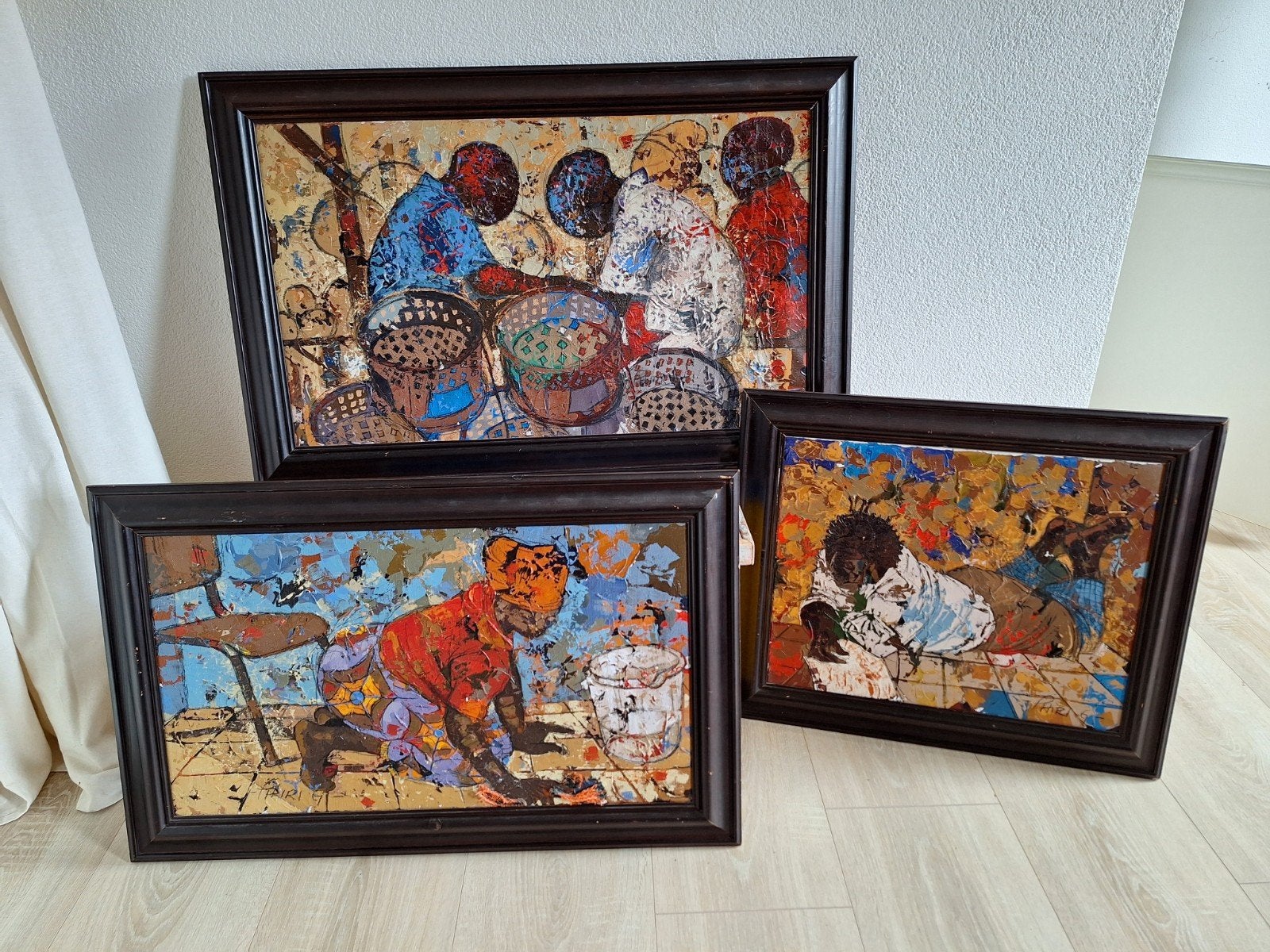 Drie olieverfschilderijen van Phiri, gesigneerd, Antiek en Kunst, Ophalen of Verzenden