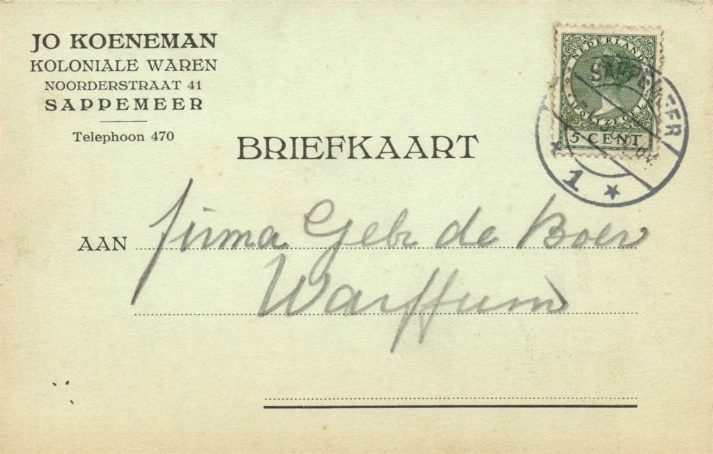 Jo Koeneman, Sappemeer - 11.1930 - briefkaart, Ophalen of Verzenden, Briefkaart