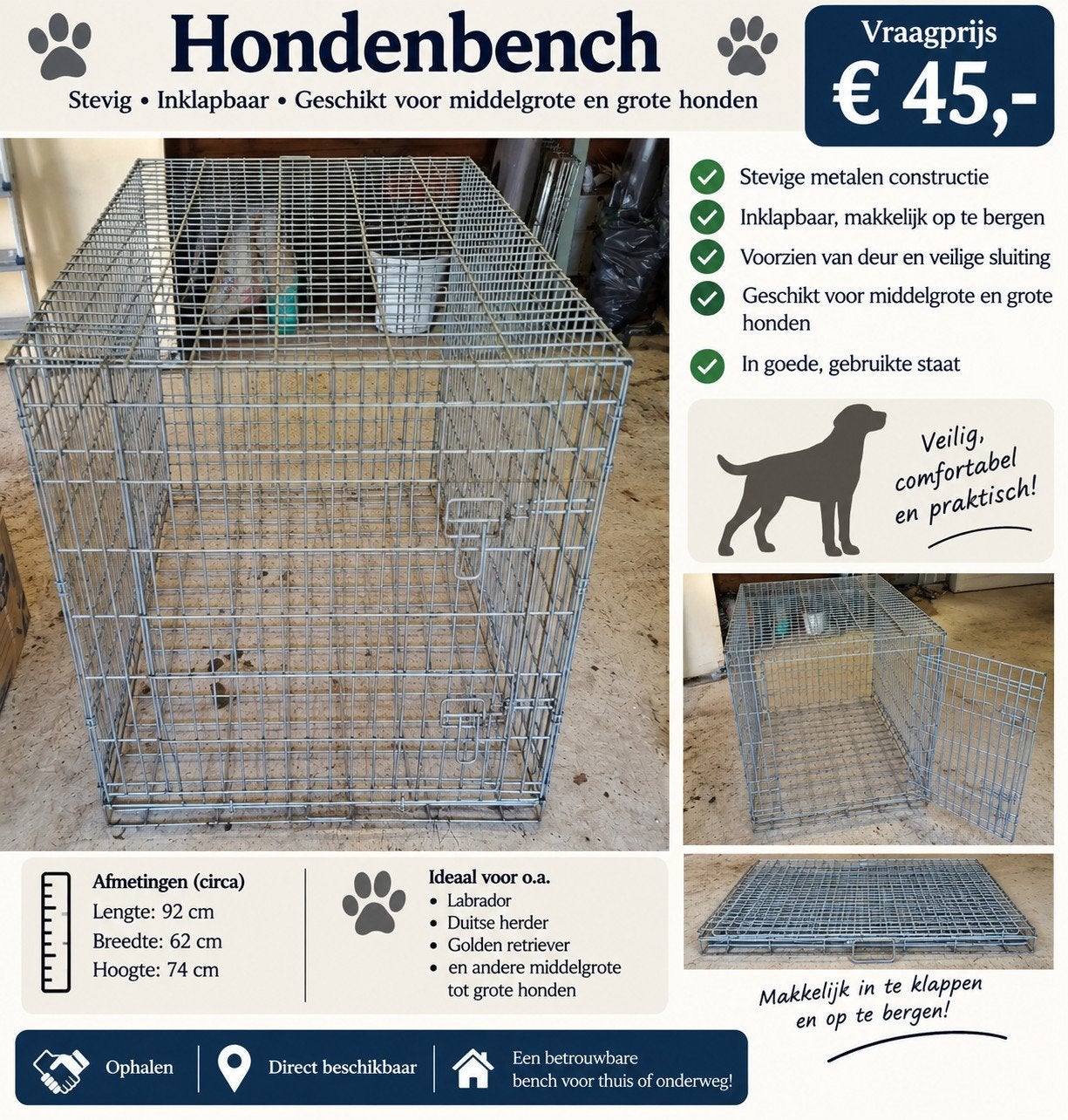 Grote metalen hondenbench – stevig, inklapbaar., Ophalen, Gebruikt