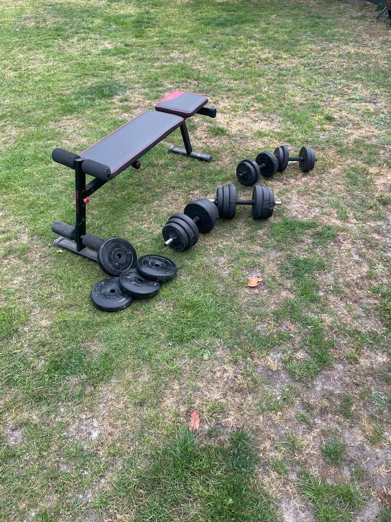 Fitnessbank met 2 Sets verstelbare Dumbelss, Ophalen, Zo goed als nieuw, Armen, Fitnessbank