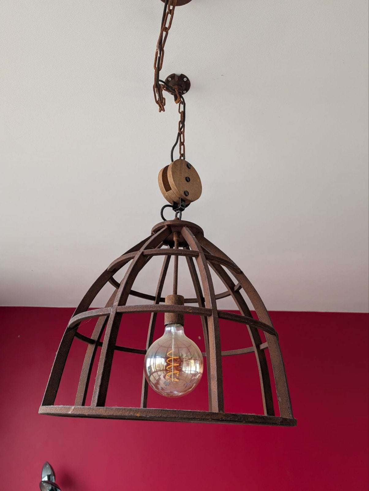 Industriële metalen hanglamp met katrol, Zo goed als nieuw, Industrieel, Vintage, Hout, E27 (groot)