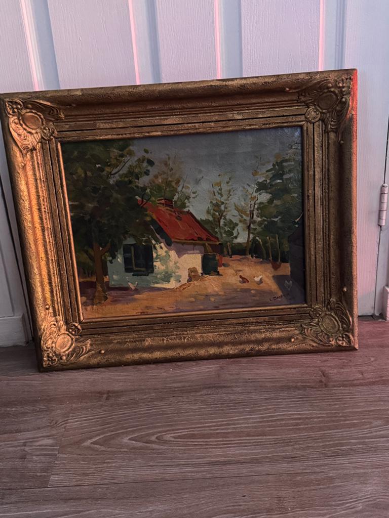 Schilderij: "Boerenhoeve met kippen" - gesigneerd C. Bahrer., Ophalen of Verzenden