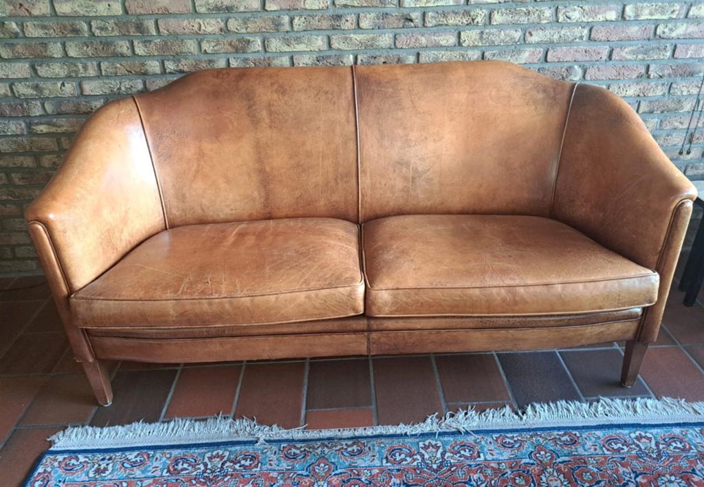 Cognac Leren Tweezits Bank - Vintage Stijl, Ophalen, Gebruikt, 150 tot 200 cm, Tweepersoons