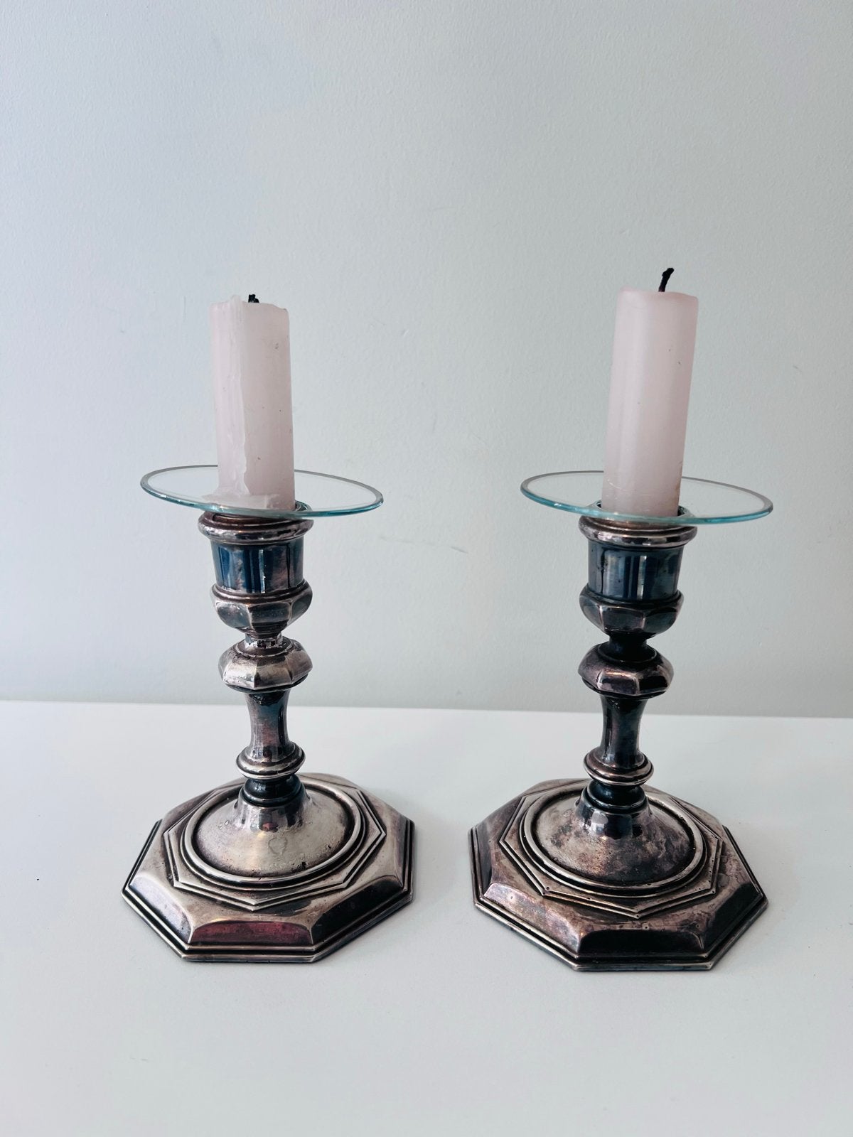 Antieke Zilveren Kandelaars met Glazen Bobeches, Antiek en Kunst, Ophalen, Zilver