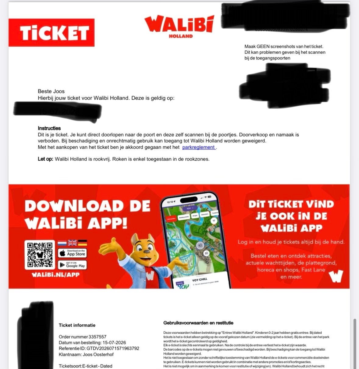 1x Walibi Ticket – Zaterdag 1 Augustus 2026 (Goedkoper!), Eén persoon, Ticket of Toegangskaart