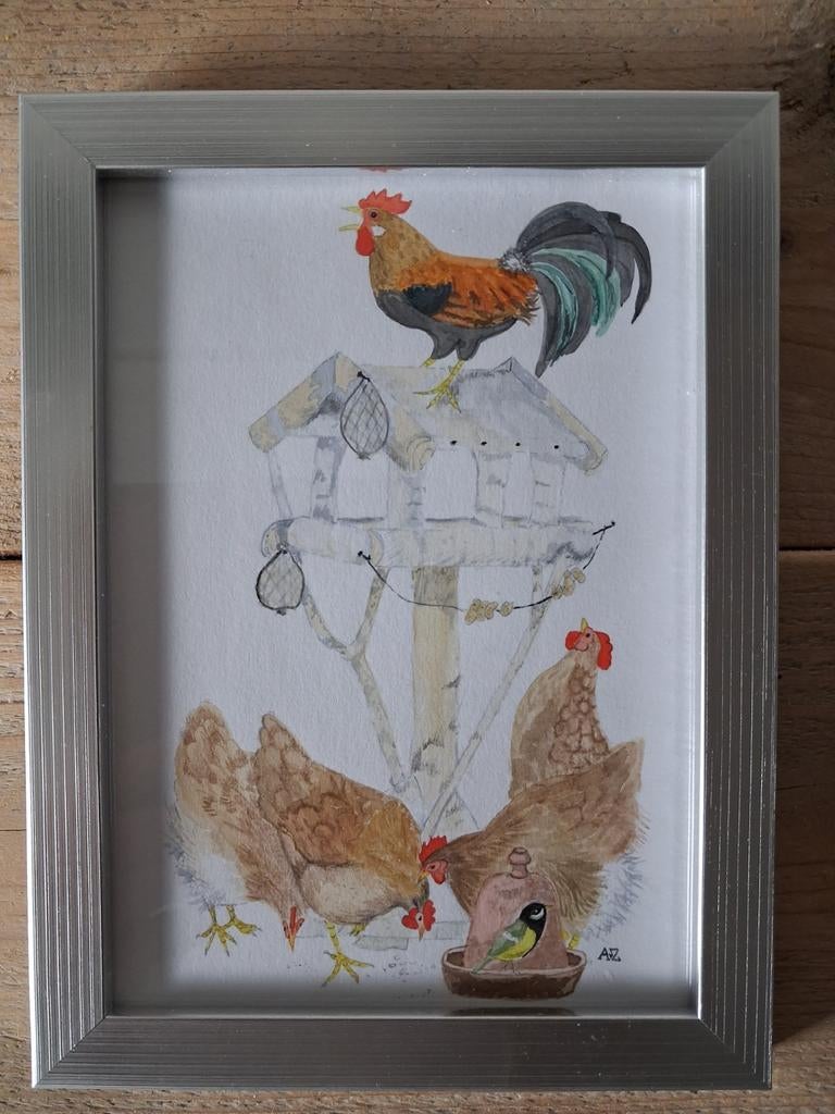 Aquarel: Kippen en haan bij voederhuisje, Ophalen of Verzenden