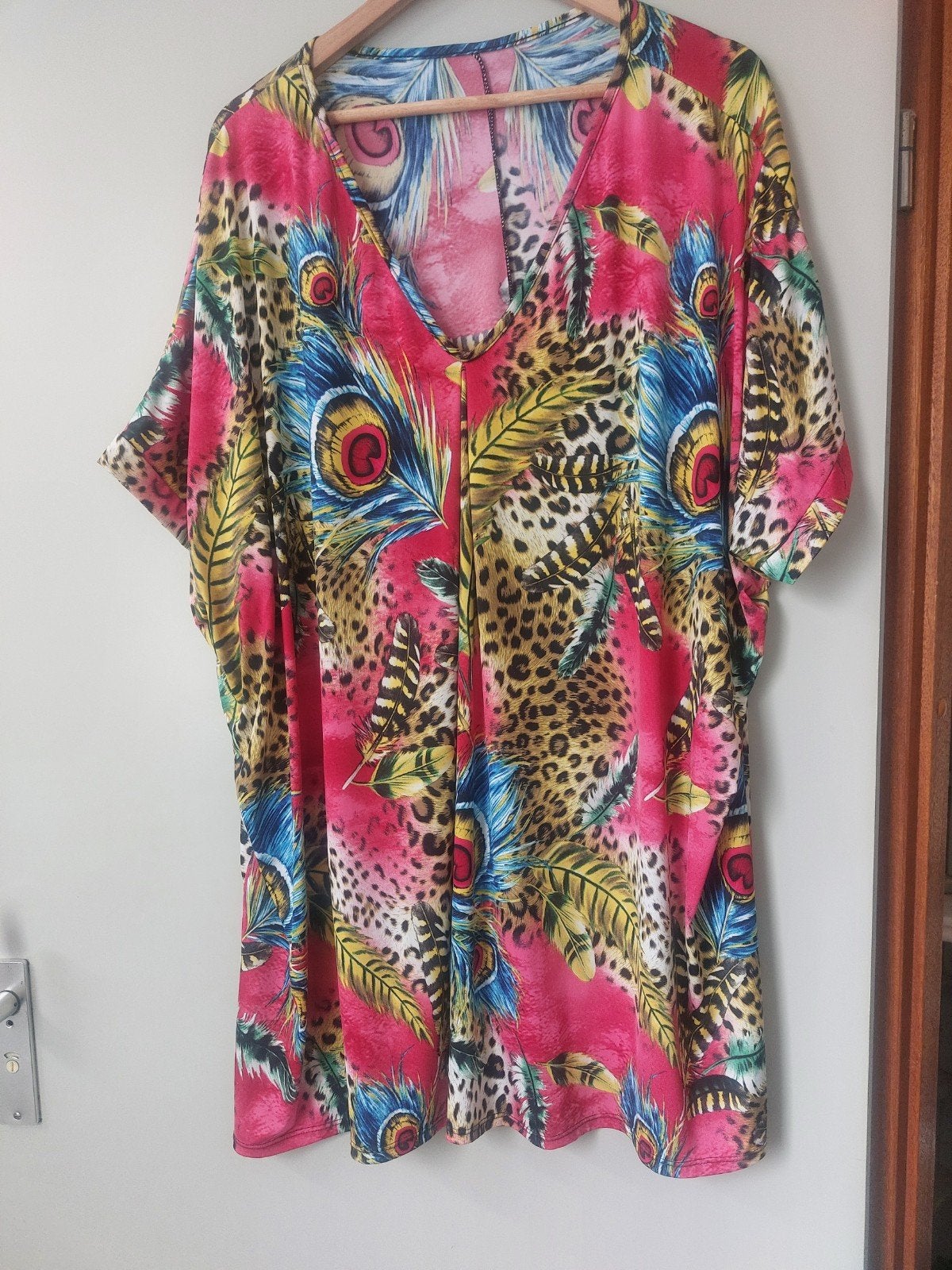 Tuniek met pauwenverenprint en luipaardprint, maat 54/56, Kleding | Dames, Meerkleurig, Maat 46/48 (XL) of groter, Ophalen of Verzenden