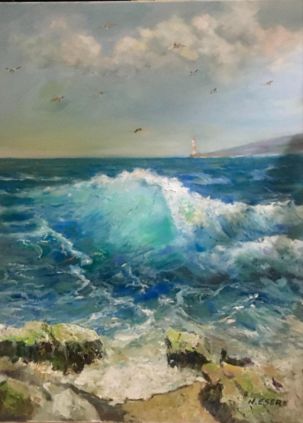 Schilderij: Maritiem Landschap met Vuurtoren en Meeuwen, Antiek en Kunst, Maritiem / water, Doek, Realistisch, Ophalen of Verzenden