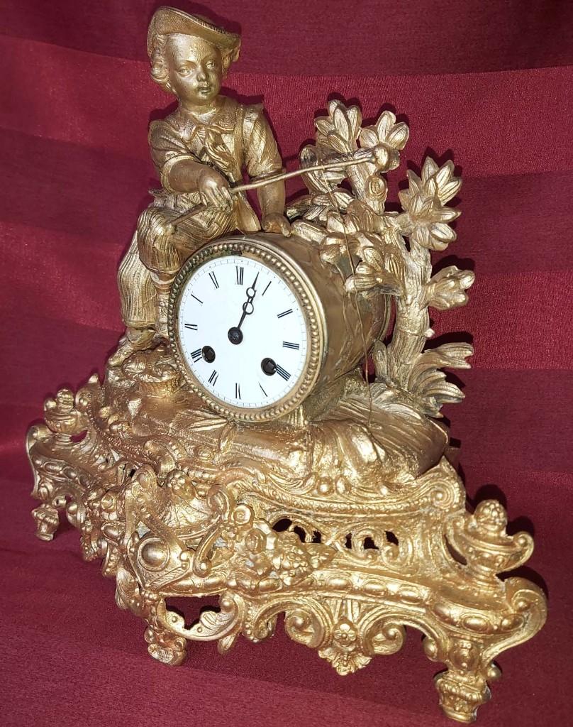 antieke Franse pendule, knaap met hengel, Ophalen of Verzenden