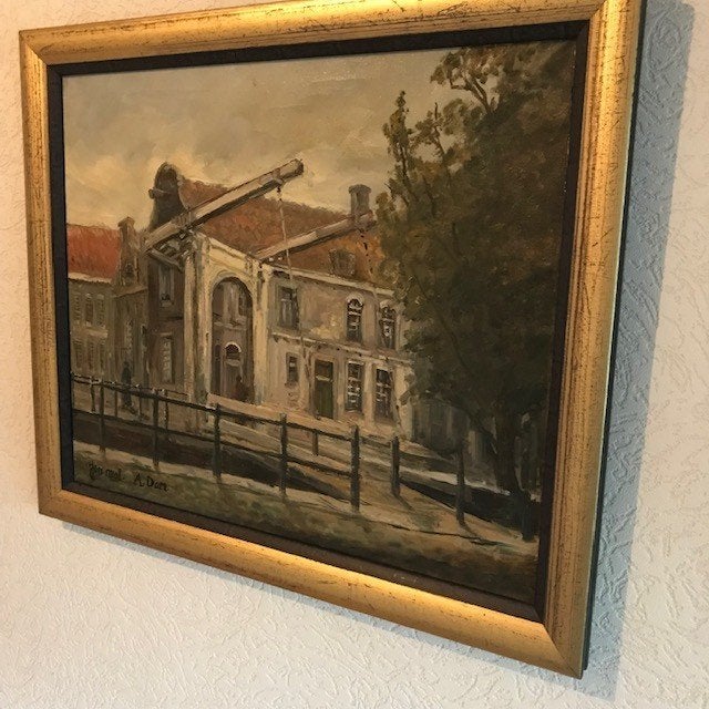 Schilderij 'Groenburgwal met brug over Staalstraat', Antiek en Kunst, Ophalen, Nederlandse school, Doek, Ingelijst