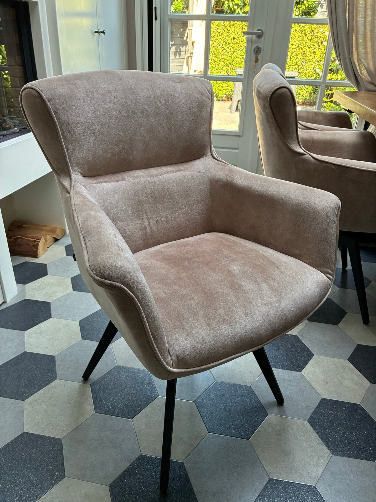 Set van 3 comfortabele eetkamerstoelen - Taupe stof, Huis en Inrichting, Stoelen, Ophalen, Overige kleuren, Drie, Zo goed als nieuw
