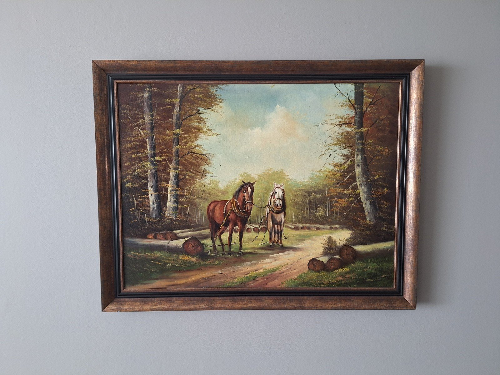 olieverf schilderij werkpaarden in het bos, 90x70cm, Ophalen, Doek, Oud hollands, Dieren