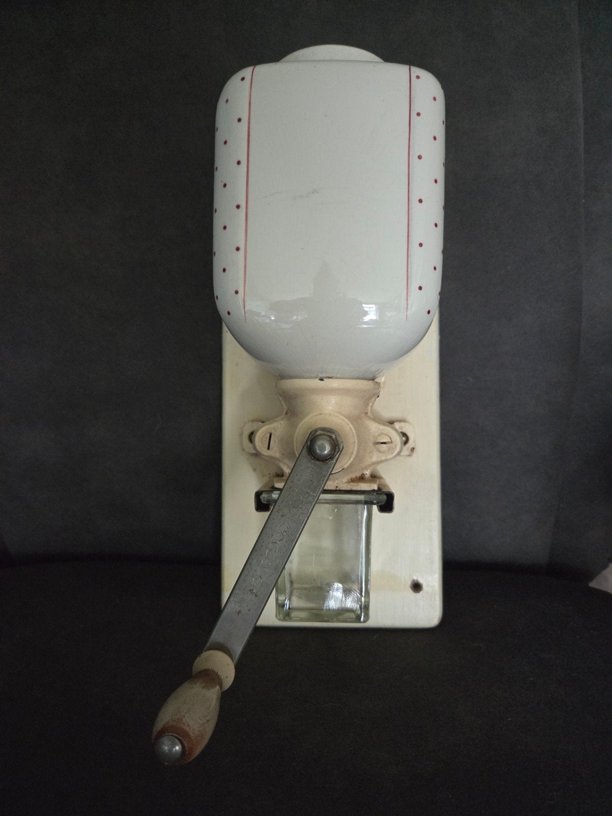 Vintage wandkoffiemolen met rode stippen, Ophalen of Verzenden