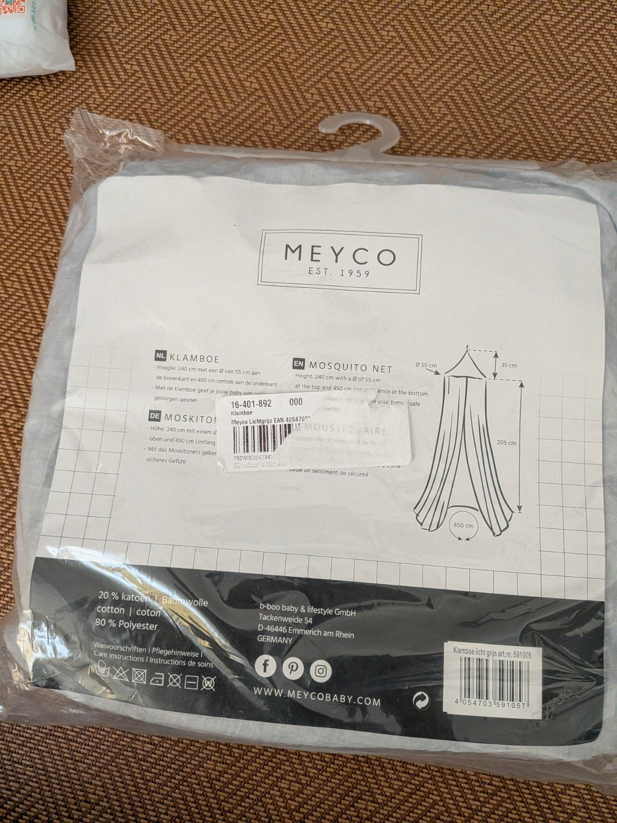 Meyco Klamboe / Muskietennet - Lichtgrijs, Kinderen en Baby's, Babywiegjes en Ledikanten, Ophalen of Verzenden, Nieuw, Overige typen
