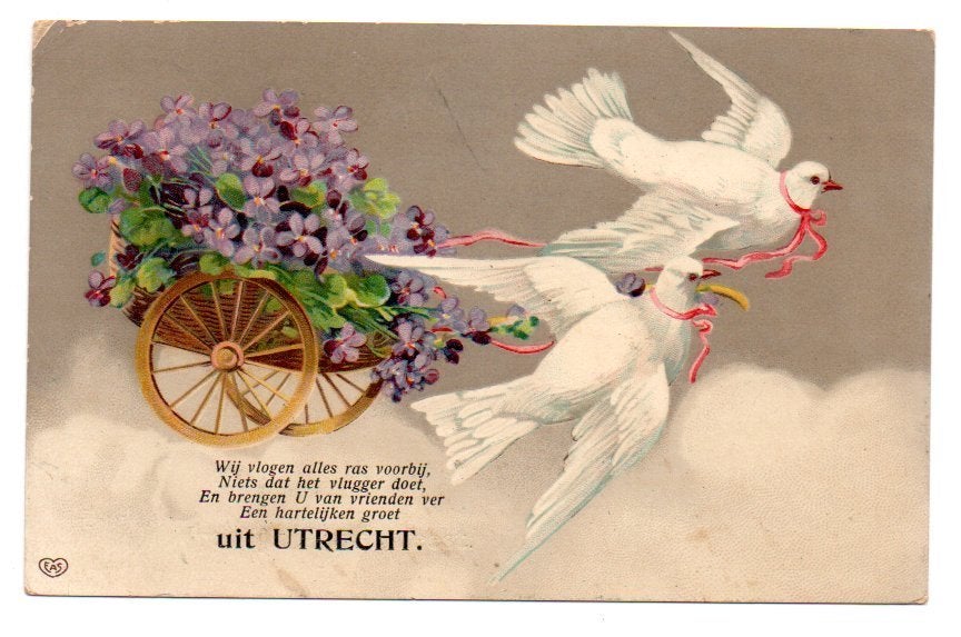 Duiven komen uit Utrecht gevlogen 1909 (fantasie), Ophalen of Verzenden, Voor 1920, Gelopen, Utrecht