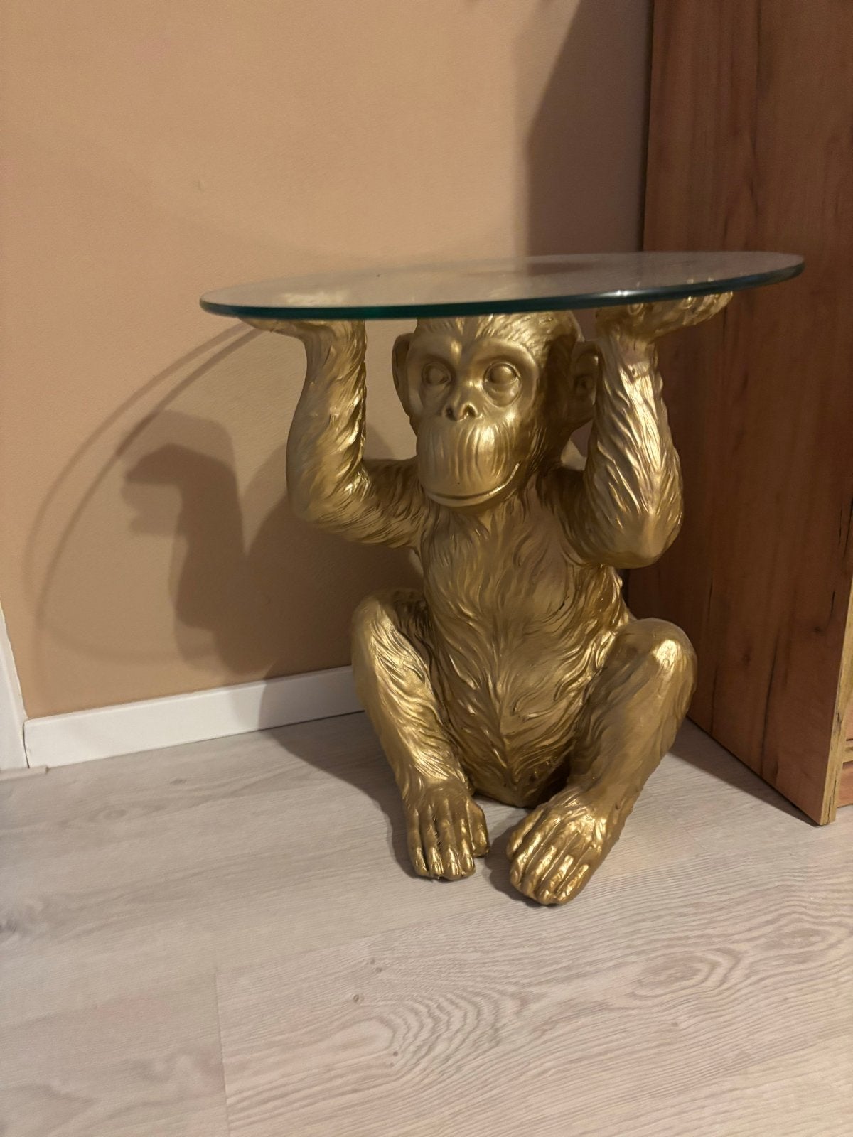 Goudkleurige bijzettafel met rond glazen blad, Ophalen, Gebruikt, Rond, Glas