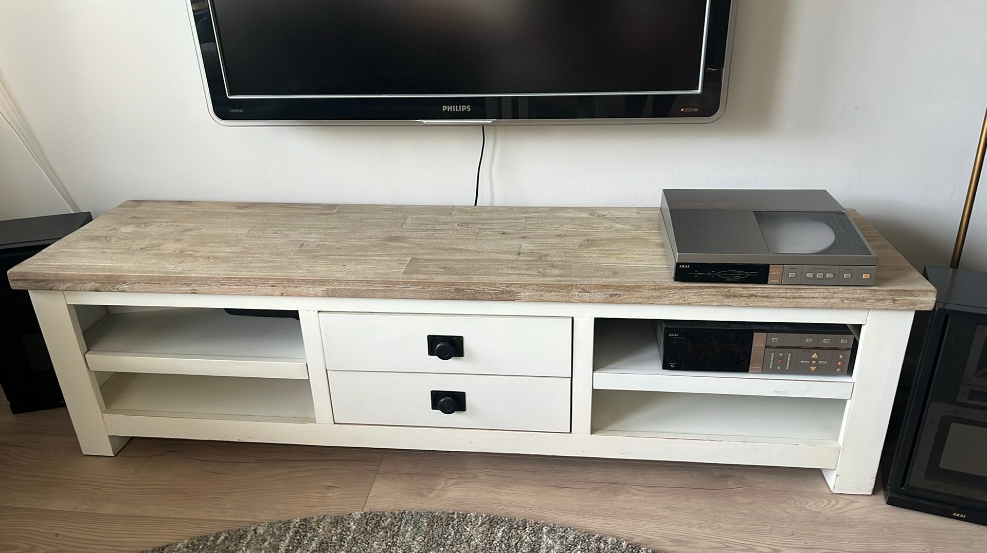 TV meubel whitewash met licht eiken, Huis en Inrichting, Kasten | Televisiemeubels, Ophalen, Gebruikt, 150 tot 200 cm, Eikenhout