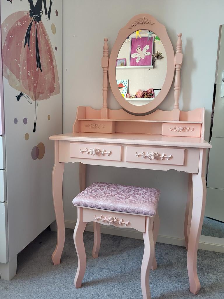 Roze kaptafel met spiegel en krukje voor meisjes, Klassiek, Romantisch, Meisjeskamer, Gebruikt, 100 tot 150 cm, Hout