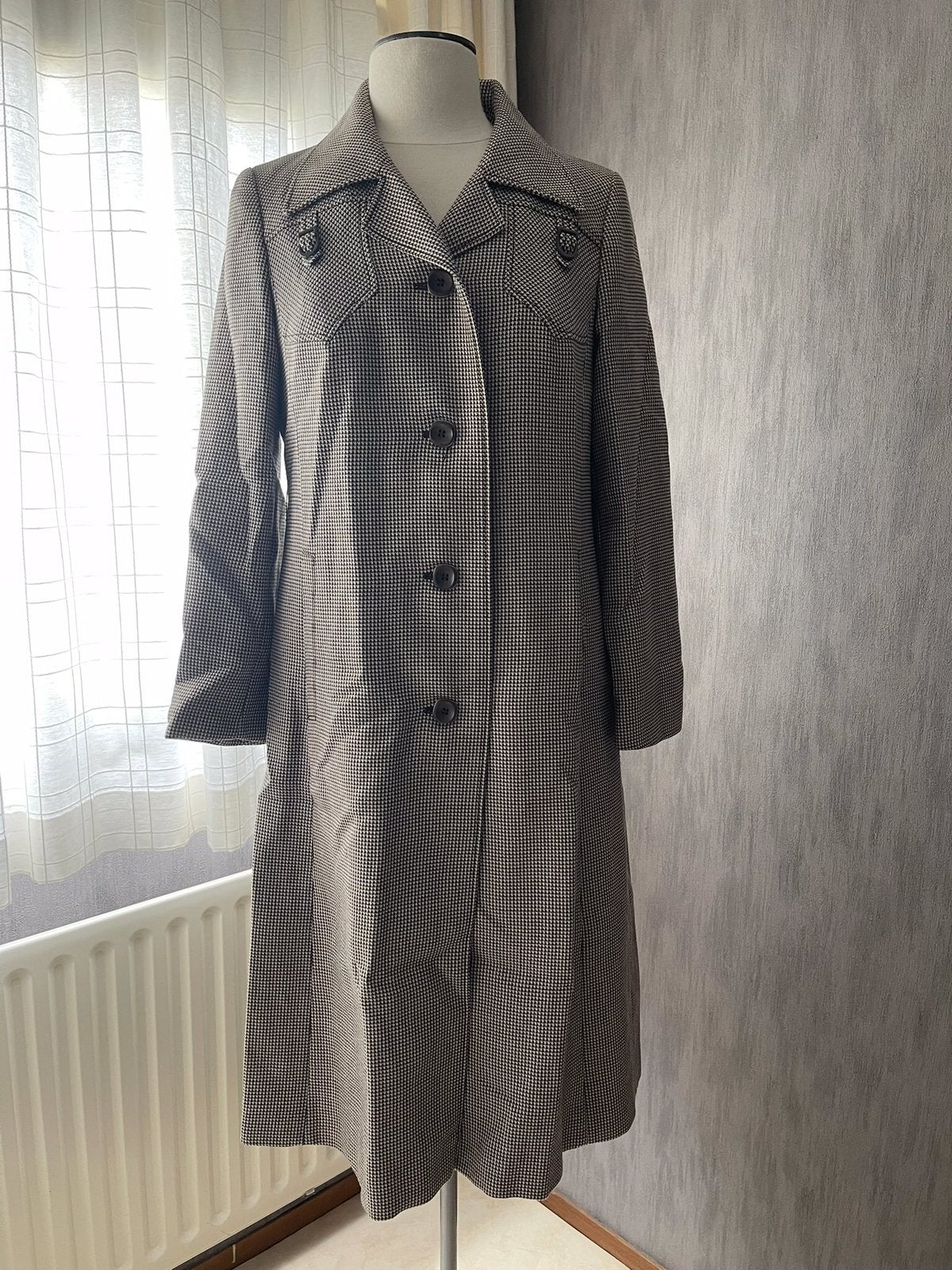 Vintage Mooie Mantel/Jas/Coat/ Pied de Poule/Houndstooth, Ophalen of Verzenden, Gedragen, Maat 38/40 (M), Bruin