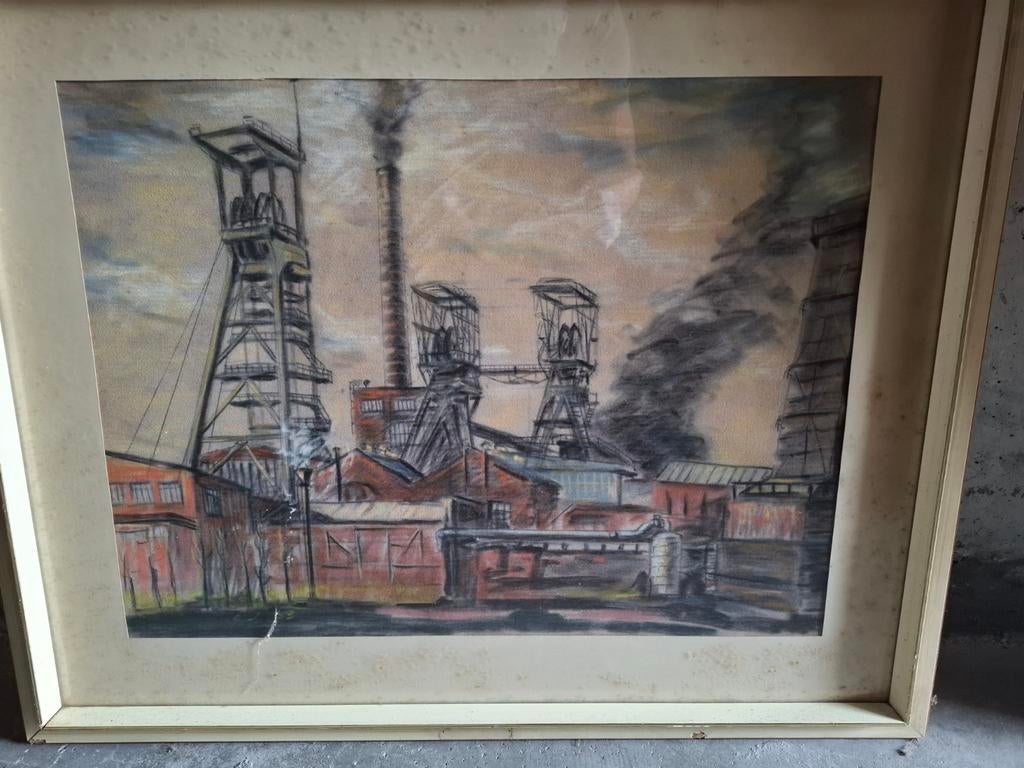 Vintage pasteltekening van industriële mijn, Antiek en Kunst, Ophalen of Verzenden