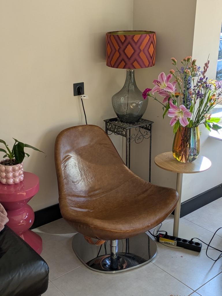 Vintage Ikea Tirup draai fauteuil met buffelleer, Gebruikt, Bruin, Vintage, Ophalen of Verzenden