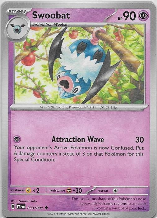 Paldean Fates,  Swoobat [uncommon] 33/91, Hobby en Vrije tijd, Verzamelkaartspellen | Pokémon, Nieuw, Losse kaart, Ophalen of Verzenden
