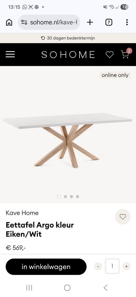 Kave Home Eettafel Argo Eiken/Wit, Zo goed als nieuw, Overige materialen, 150 tot 200 cm, Modern